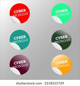 Eye-catching colorful Cyber Monday sticker set, perfect for promoting online sales, discounts, and ecommerce events. Enhance your digital marketing with these vibrant circular designs.