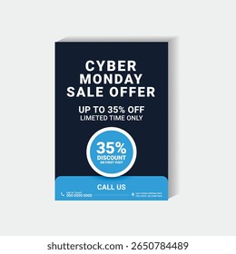 Eye-catching Cyber Monday flyer design featuring bold text, 35% discount, and modern blue and dark background. Perfect for online shopping promotions, ecommerce campaigns, and USA holiday sales.