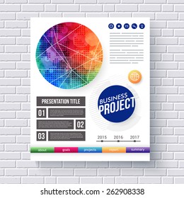 Eye-catching design for a Business Project presentation with text boxes, editable text, and categories with a bold vivid motif in the color of the rainbow, vector illustration