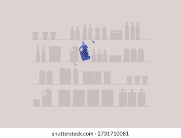Una botella de detergente llamativa se destaca en un estante ordenado lleno de varios productos, esta pantalla vibrante capta la atención, enfatizando la importancia de la creatividad en el marketing.