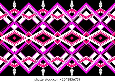 Eye-catching ethnic pattern with pink diamond and eye-like shapes on black background. Great for futuristic tribal prints, bold fabric designs, and unique digital backgrounds.