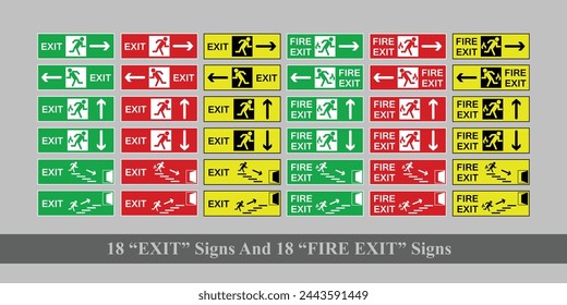 "Auffällige FIRE EXIT-Schilderabbildung mit fetten Schriftzügen und Pfeil-Symbol, für schnelle Erkennung in Notfällen. Ideal für Sicherheitsbeschilderung in Gebäuden. Vector file included."