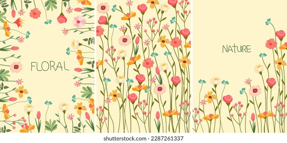An eye-catching floral backdrop with a of blossoming multicolored wildflowers and the inscription nature and floral. Concept save nature. Suitable for social posters, cards, logos, banner. Vector
