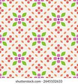 Eye-catching floral seamless pattern with vibrant red pink green flowers arranged in a tile structure. The energetic design is ideal for bold packaging, lifestyle products, spring fashion, kid's craft