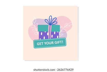 Eye-catching gift box illustration with call to action button. Great for promotions, bonuses, and festive themes