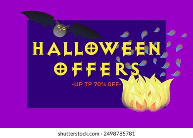 Eye-catching Halloween sale banner with spooky elements like bats and flames, perfect for promotions. Get up to 70 percent off.