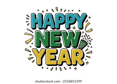 Eye-Catching Happy New Year Design with Cartoon Style Elements