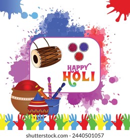 An eye-catching Holi banner designed for social media, with playful illustrations of people dancing, singing, and throwing colorful powder in the air.