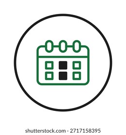 Un icono llamativo que muestra un calendario dentro de un círculo, que representa fechas, citas, horarios y recordatorios. Ideal para plataformas digitales y promoción de negocios o eventos, destacando la