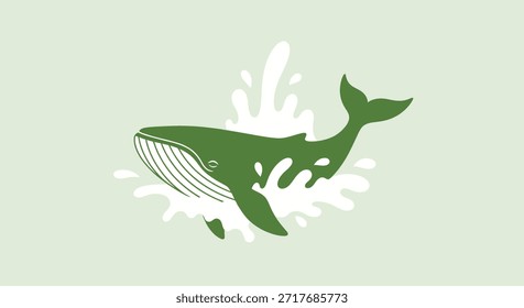 An eye-catching illustration features a green silhouette of a whale breaching the water. The whale is surrounded by white splashes creating a dynamic and artistic visual. Ideal for nature-themed