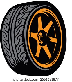 An eye-catching illustration of a performance tire featuring a bold orange rim, representing speed and style. Perfect for automotive enthusiasts and racing fans