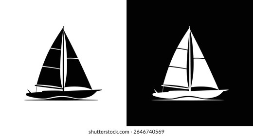 Uma ilustração atraente mostrando o contraste de um veleiro. Um é branco sobre um fundo preto, o outro é preto sobre um branco. Ambos têm três velas.