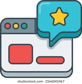 Eye-catching illustration of a web browser window with a speech bubble and a star, symbolizing online feedback and reviews. Ideal for digital marketing, user experience, and web design