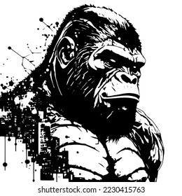 Eyecatching logo design of a gorilla in a futuristic style, black and white for minimalist impact