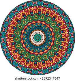 Eye-catching mandala design features a complex, symmetrical pattern of geometric shapes and vibrant colors