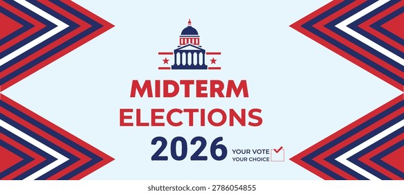 Eye-catching Midterm Election 2026 political banner design with abstract American ribbon waves and patriotic typography. This modern election template is perfect for political campaign branding, election promotions, social media advertising, government presentations, patriotic celebrations, and civic engagement projects. The clean composition uses red, white, and blue patriotic colors combined with elegant vector graphics to create a professional election-themed design. Suitable for print and digital use including posters, banners, flyers, website headers, and online campaign promotions.