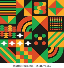 An eye-catching mosaic of abstract geometric shapes in vibrant colors, celebrating Black History Month, suitable for educational and cultural displays.