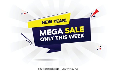 Eye-catching New Year Mega Sale banner template featuring a light yellow and dark blue gradient with red shapes on a white background, perfect for promoting limited-time offers and discounts!