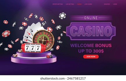 An eye-catching online casino ad with a roulette wheel, poker chips, slots, and a welcome bonus message
