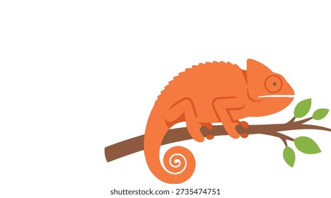 An eye-catching orange chameleon with a coiled tail is depicted on a branch with small green leaves in this vector art.