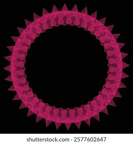 An eye-catching ornamental vector design featuring a neon pink circular pattern on a black background. The artwork incorporates intricate spiked triangles and geometric layers, creating a futuristic a