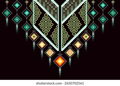 An eye-catching pixel art design for a garment neckline,ethnic geometric patterns,vibrant greens, contrasting light green, warm orange tones on a dark background,apparel,textile elements,cultural.