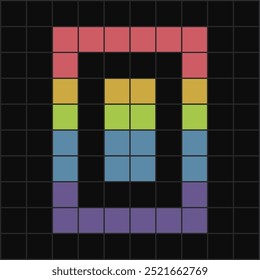 Eye-catching pixel art of number 0 created with bright, colorful squares on a black grid background. Ideal for retro, tech, or pixelated design projects.