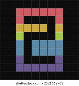 Eye-catching pixel art of number 2 created with bright, colorful squares on a black grid background. Ideal for retro, tech, or pixelated design projects.