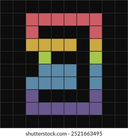 Eye-catching pixel art of number 3 created with bright, colorful squares on a black grid background. Ideal for retro, tech, or pixelated design projects.