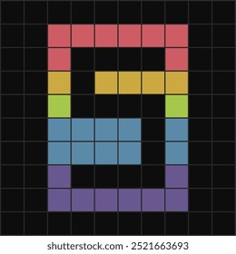 Eye-catching pixel art of number 5 created with bright, colorful squares on a black grid background. Ideal for retro, tech, or pixelated design projects.