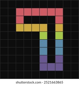 Eye-catching pixel art of number 7 created with bright, colorful squares on a black grid background. Ideal for retro, tech, or pixelated design projects.