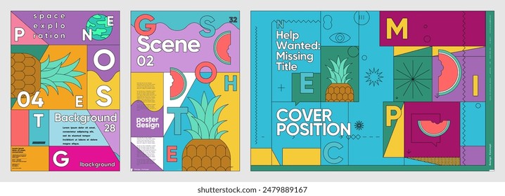 Eye-catching poster series featuring a mix of vibrant geometric shapes and playful fruit illustrations, all set in a lively Bauhaus-inspired layout.