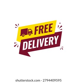 Eye-catching promo banner with free delivery text and truck icon in yellow and maroon colors.