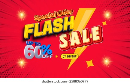 Eye-catching promotional design for a flash sale offering up to 60% discount, set on a vibrant red background with bold and dynamic text highlighting the offer and a shopping call-to-action.