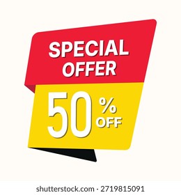 Eye-catching promotional graphic featuring a bold 50% off discount message. This vibrant yellow, red, and black banner design is perfect for marketing campaigns, seasonal sales, retail promotions, and e-commerce advertising.