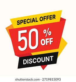 Eye-catching promotional graphic featuring a bold 50% off discount message. This vibrant yellow, red, and black banner design is perfect for marketing campaigns, seasonal sales, retail promotions, and e-commerce advertising.