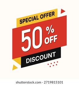 Eye-catching promotional graphic featuring a bold 50% off discount message. This vibrant yellow, red, and black banner design is perfect for marketing campaigns, seasonal sales, retail promotions, and e-commerce advertising.