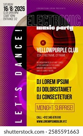 Eye-catching promotional poster template for electronic music party, featuring dynamic colors and elements that capture excitement and energy of nightlife and music culture. Vector illustration.