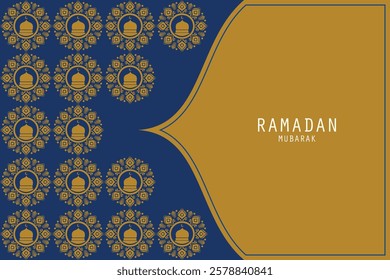 Eye-catching Ramadan Kareem background with a golden mosque dome and ornate details. Elevate your Ramadan designs with this luxurious backdrop.