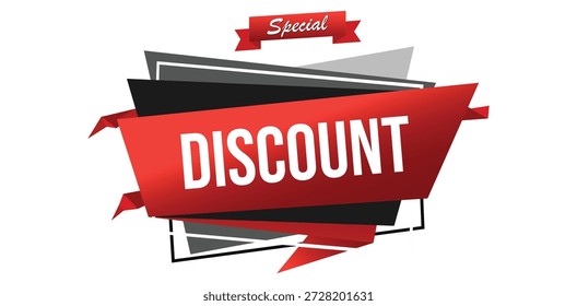 Eyecatching red and black special discount banner with bold DISCOUNT text. This modern graphic signifies exciting limitedtime offers, big savings, and unmissable promotions for online and retail sales events.