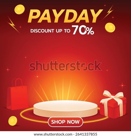 Eye-catching red payday promotion banner. Includes glowing stage, gift box, coins, and 70% discount text. Perfect for flash sale and eCommerce marketing.