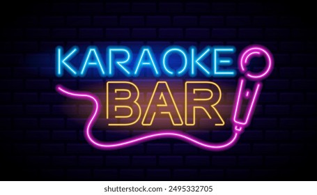 Eye-catching Retro Neon Vector Sign For A Karaoke Bar With Vibrant Colors And A Microphone Design, Vector Illustration