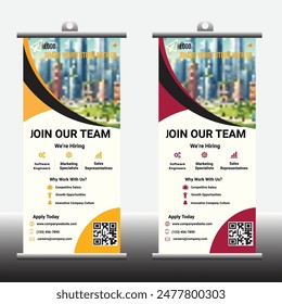 "Eye-catching rollup banner for job recruitment, featuring modern design, available positions, benefits, and contact info. Perfect for career fairs."





