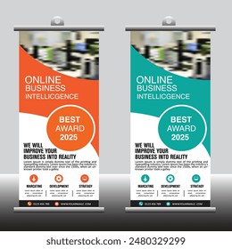 Eye-catching rollup banner for Online Business Intelligence services. Features award recognition, clear text, and vibrant colors. Highlights services: marketing, development, and strategy.