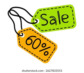 Eye-catching sale tags displaying 60 percent discount on products for promotional event announcement