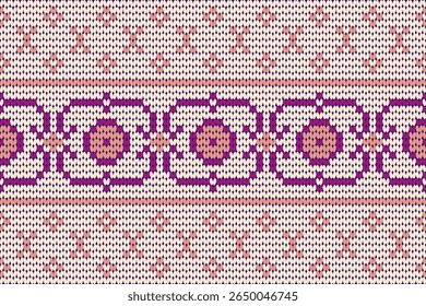 Eye-catching seamless knitted pattern featuring intricate ornamental designs in pink, purple, and cream tones. Perfect for cozy textiles, winter crafts, folk-inspired decor, and stylish digital projec