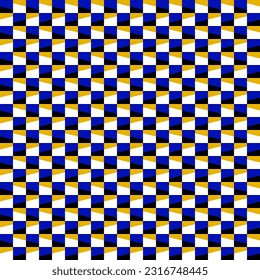 Eye-catching seamless pattern with blue, yellow, white, and black quadrilaterals forming a dynamic optical illusion. Contemporary abstract wallpaper design.
