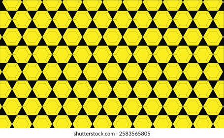 Eye-catching seamless pattern of bright yellow hexagons on a contrasting black triangular background. This geometric design offers a bold,modern aesthetic, perfect for backgrounds, textiles packaging