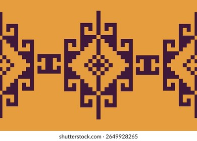 Eye-catching seamless tribal pattern in dark brown pixel art on vibrant orange background. Perfect for fashion, home textiles, and bohemian-inspired designs.