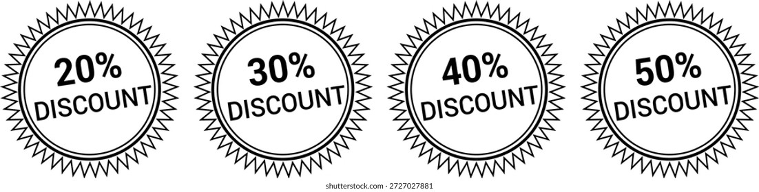 Llamativo conjunto de pegatinas de descuento circulares rojas con bordes irregulares, mostrando texto blanco en negrita para 20%, 30%, 40% y 50% de descuento. Perfecto para resaltar ofertas especiales, ventas de liquidación y campañas promocionales en ventas minoristas, anuncios digitales y marketing impreso. Estas vibrantes etiquetas llaman la atención al instante y aumentan el compromiso del Cliente.